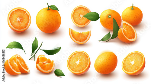 Variety pack of whole and sliced oranges with juicy splashes in a 3D realistic illustration, all on a white background