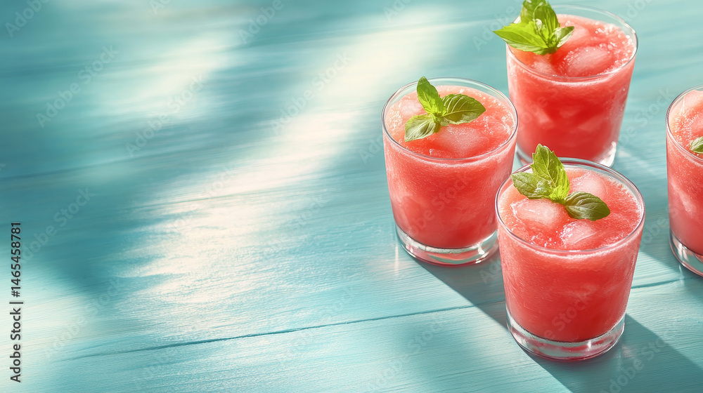 Vibrant and chilled watermelon smoothies in glasses set against a light blue wooden surface, leaving space for text