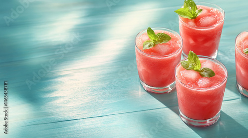 Obraz na płótnie Vibrant and chilled watermelon smoothies in glasses set against a light blue wooden surface, leaving space for text w salonie