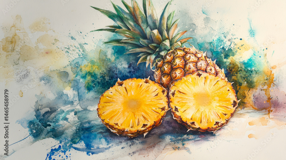 Watercolor-style illustration of a pineapple with two slices, isolated for creative or culinary design uses