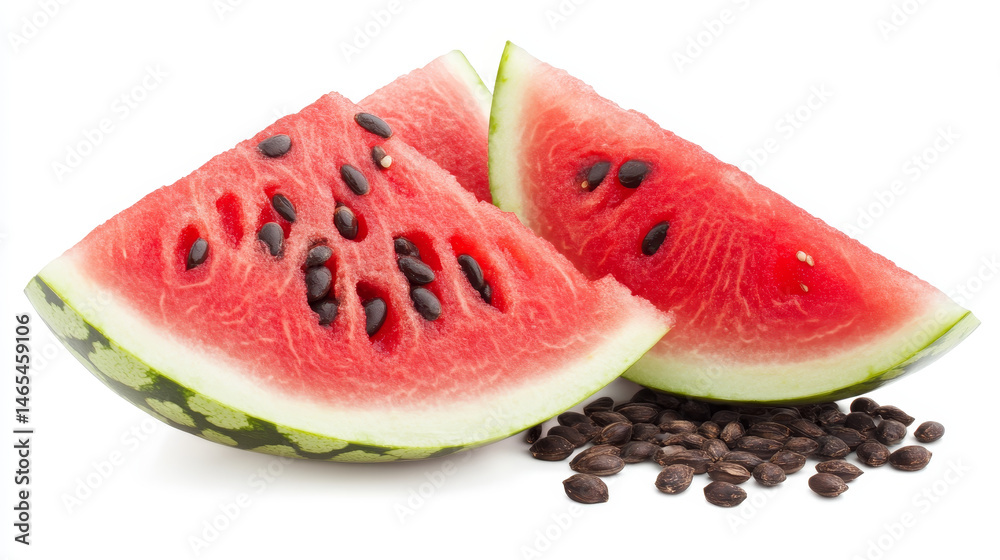 Watermelon wedge with seeds isolated on a white background, complete with clipping path