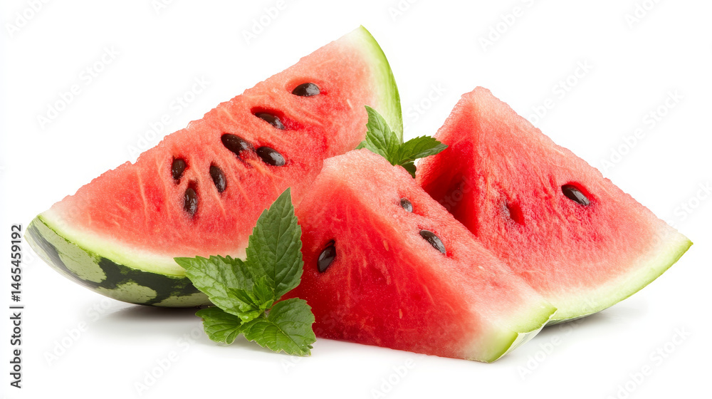 Watermelon wedge with seeds isolated on a white background, complete with clipping path