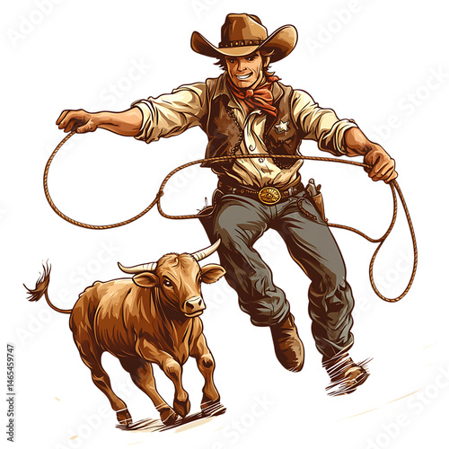 Cartoon Cowboy Lassoing a Calf Isolated on Transparent Background