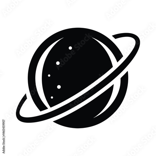 Vector illustration of a stylized planet with rings and stars within a clean and modern black and white aesthetic