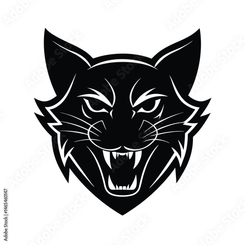 Aggressive wildcat head silhouette design in black and white showcasing fierce expression and threatening fangs