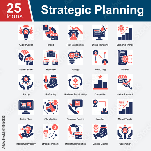 Strategic Planning is a collection of icons highlighting key elements in business strategy, including investment, risk, competition, growth, marketing, and long-term vision for success. 