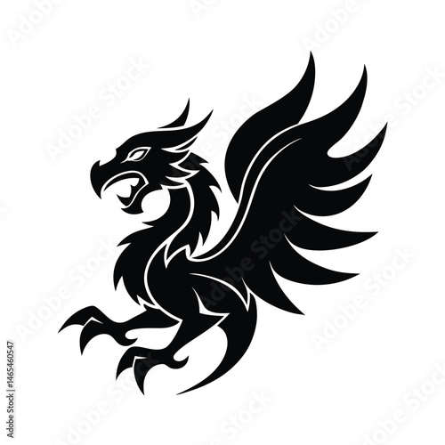 Black and white illustration of a fierce griffin heraldic symbol design suitable for logos and emblems