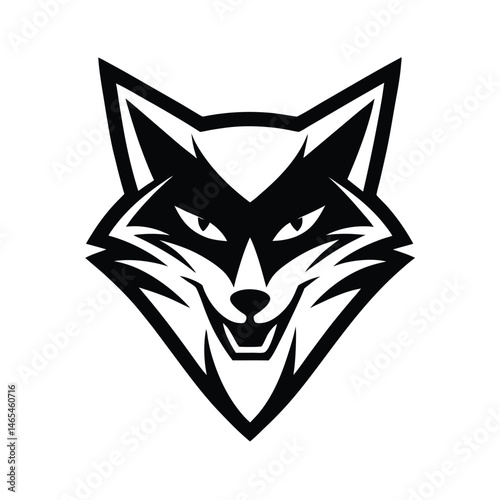 Bold and stylized black and white illustration of a fierce fox head perfect for logos or graphic designs.