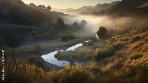 Misty valley at sunrise