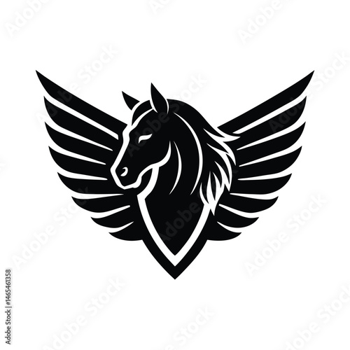 Black and white stylized illustration of a powerful pegasus horse with spreading wings symbolizing freedom and strength
