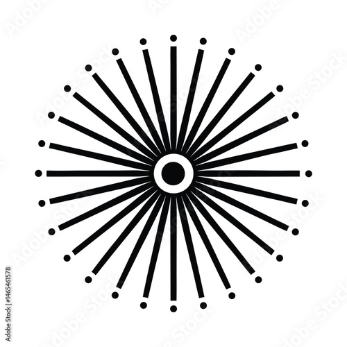 Abstract geometric sunburst graphic design with radial lines and dots in a minimalist black and white style.