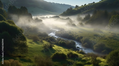 Misty valley stream sunrise