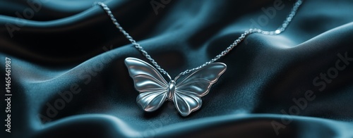 A delicate butterfly pendant lies on satin fabric, exuding understated luxury