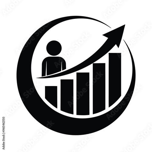 Financial growth and business success concept depicted with a person and increasing bar chart inside a circle shape