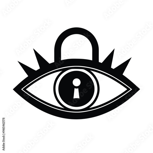 A bold black and white illustration of a padlock integrated with an eye symbolizing privacy security and protection