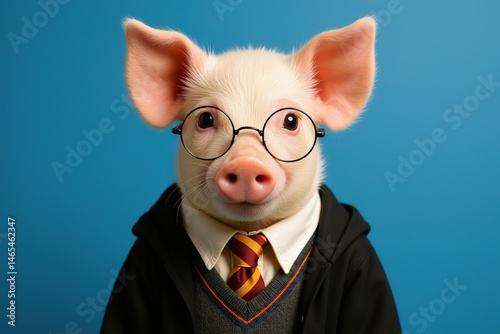 Pig in academic attire with round - framed glasses against a blue backdrop, suitable for educational, academic, and pet - related design work.
