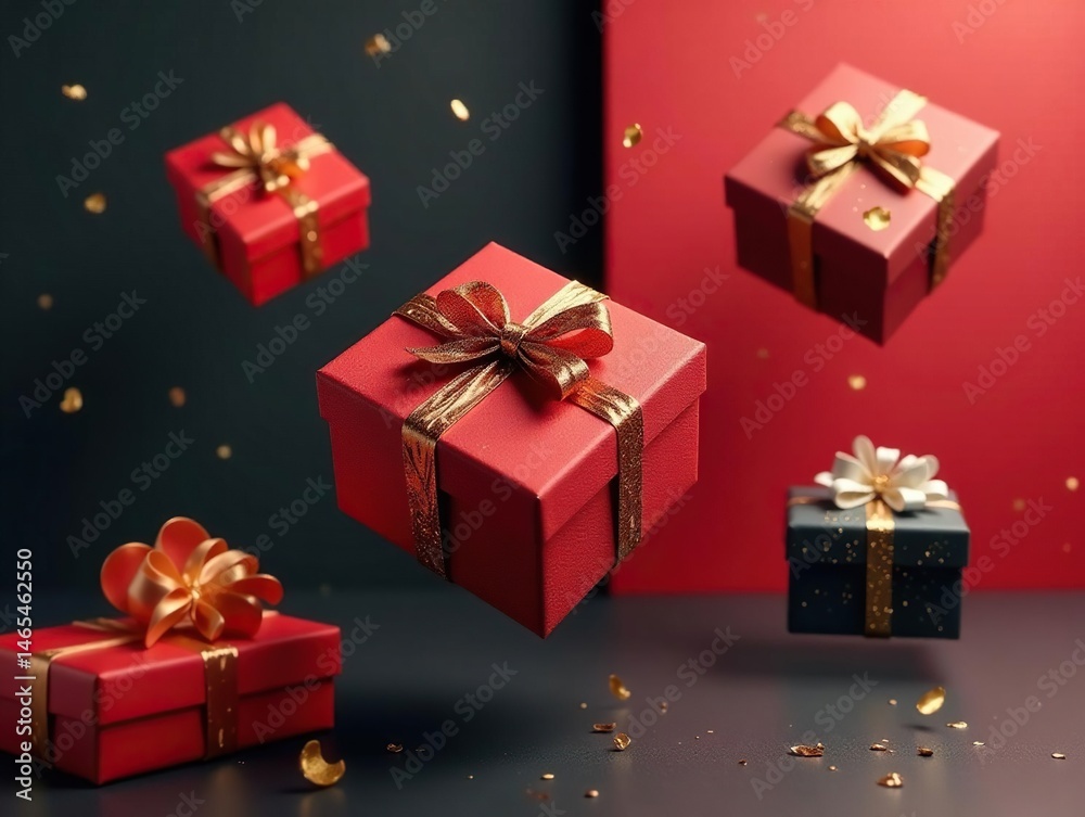 Obraz premium Luxurious gift boxes with gold detailing, suspended mid-air , gift, box, festive