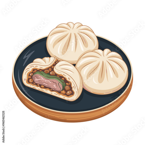 Chinese Pork Buns with Meat Filling Cross Section