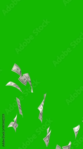 Dollar falling animation smoothly from top to bottom with green screen background. Dollar bills raining animation on alpha channel. Video transition of falling dollars.