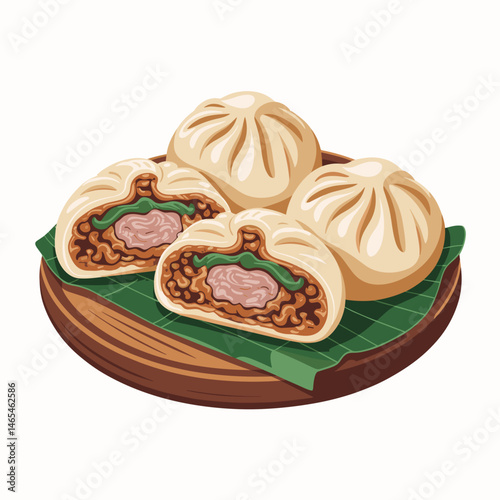 Chinese Pork Buns with Meat Filling Cross Section