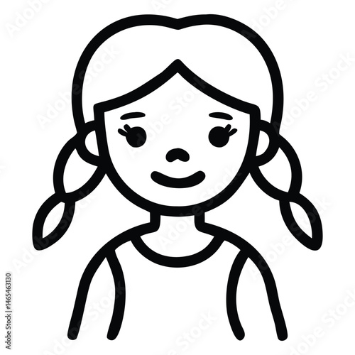 Minimalist drawing shows a young girl with pigtails and simple, outlined features looking forward