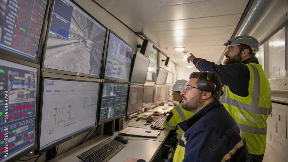 A medium closeup of technicians monitoring a robotic system inside a control room with multiple screens reflecting the live feed from the tunnel boring operations displaying charts