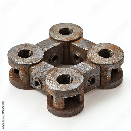 Rusty Metal Connector Square Shape, Four Arms, White Background