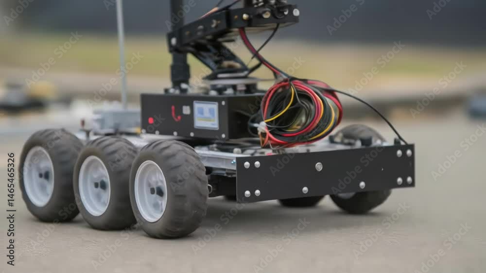 A medium closeup shot of the advanced sensors mounted on the robot designed for obstacle detection and environmental monitoring featuring blinking lights and intricate wiring. A medium closeup shot of the advanced sensors mounted on the robot designed for obstacle detection and environmental monitoring featuring blinking lights and intricate wiring.
