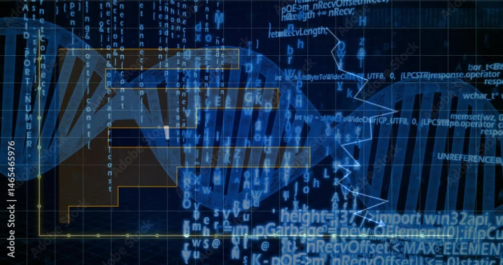 Animated illustration displaying double helix spanning frame, overlaying code and zigzag line graph