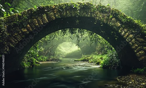 A serene stone bridge covered in lush greenery arches over a gently flowing river, surrounded by a tranquil forest, creating a peaceful natural scene