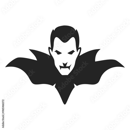 Monochrome vampire art presents a spooky figure with pointy teeth and a cape on display