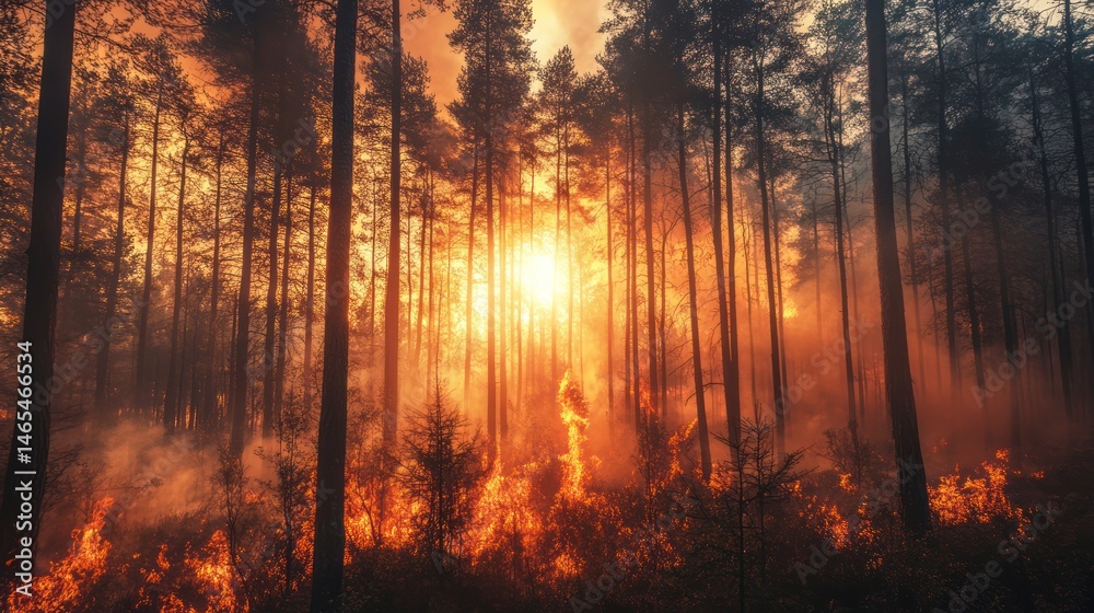Forest fire at sunset through tall trees. Forest fire at sunset through tall trees.