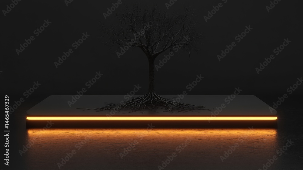 Obraz premium From a smartphone, a tree grows, signifying the integration of the natural world and modern technology