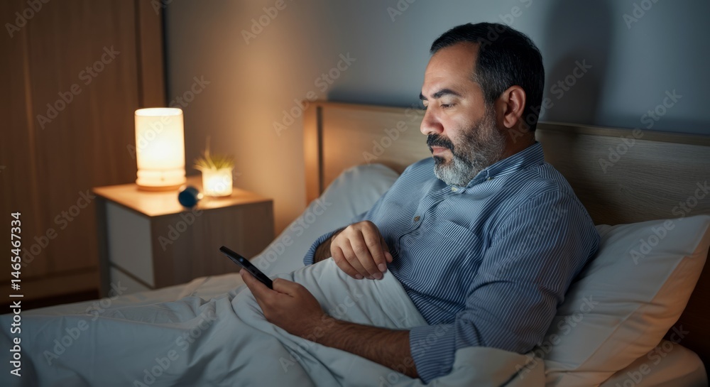 Fototapeta premium Caucasian mature male using smartphone in bed at night