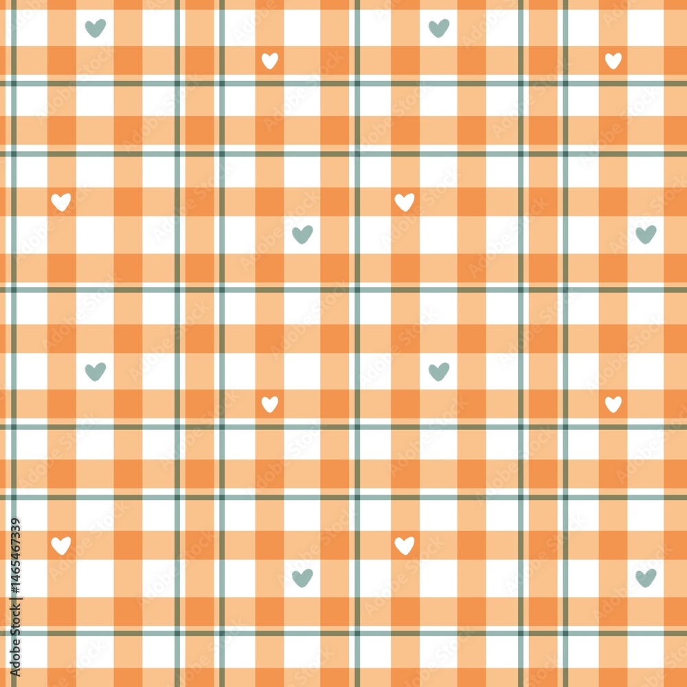 Obraz premium Seamless Plaid Pattern with Hearts in Orange and Green