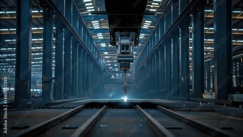 An engaging closeup of sparks flying as the robot initiates the welding process capturing the dynamic energy and activity within the steel construction site.