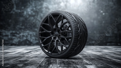 A sleek black alloy wheel is set against a dark backdrop for automotive design purposes