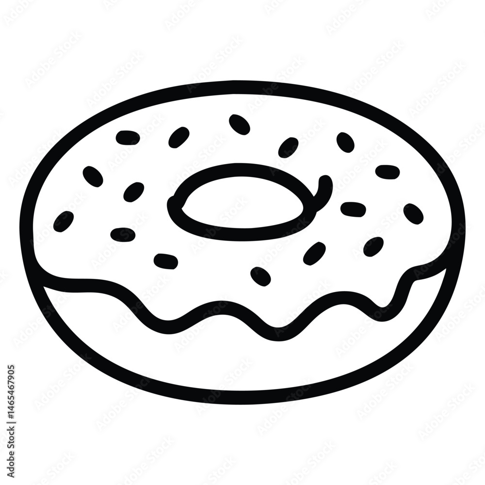 Outline drawing depicts a frosted donut with topping, simple treat design isolated alone