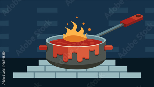 A thick brickcolored sauce simmers on the stove releasing a tantalizing blend of es.. Vector illustration