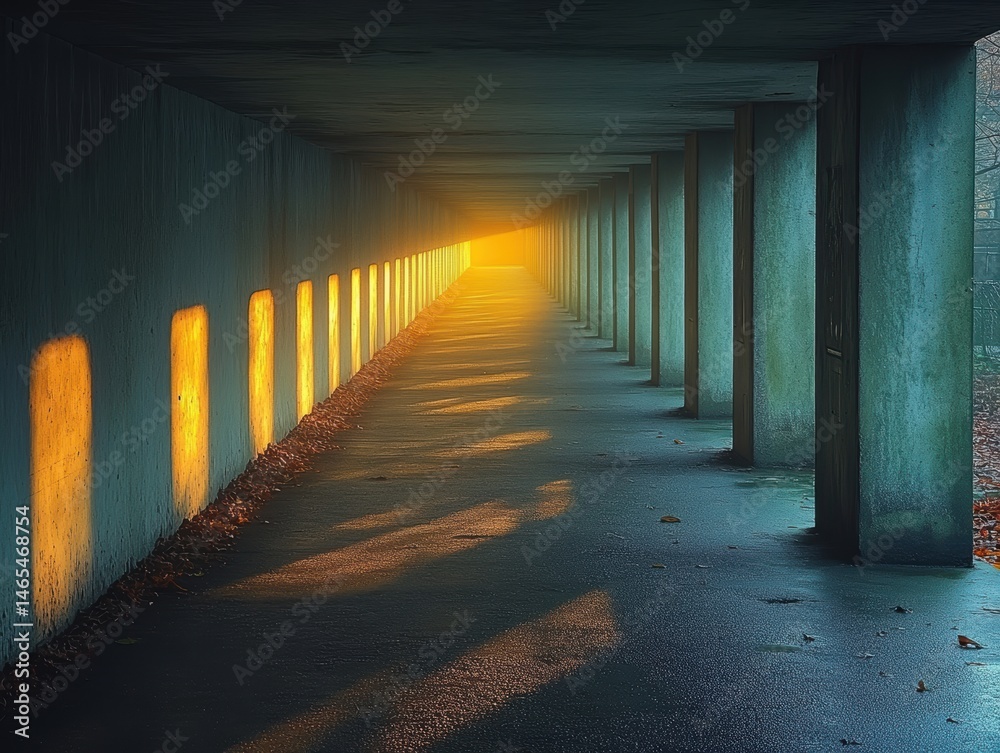 Serene underground passage illuminated by warm sunlight at sunset Serene underground passage illuminated by warm sunlight at sunset