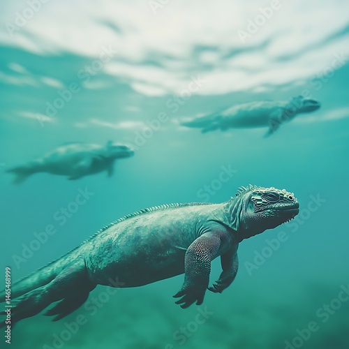 Submerged aquatic reptiles swimming in turquoise water.