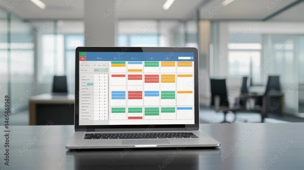 An overview shot of a laptop displaying a realtime project tracking system with highlighted tasks alerts for deadlines and a colorcoded calendar overlay set against a backdrop of a An overview shot of a laptop displaying a realtime project tracking system with highlighted tasks alerts for deadlines and a colorcoded calendar overlay set against a backdrop of a