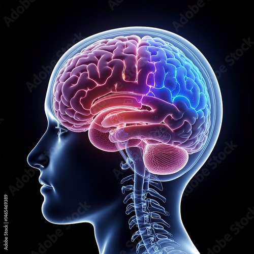 Medical visualization of the human brain with colored sections, showing the connection to the spinal cord, useful for educational, medical, and neuroscience - oriented applications.
