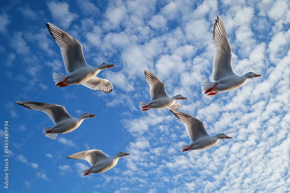 Obraz premium Soaring Ducks in the Sky: A Lively Display of Nature's Winged Creatures in Flight