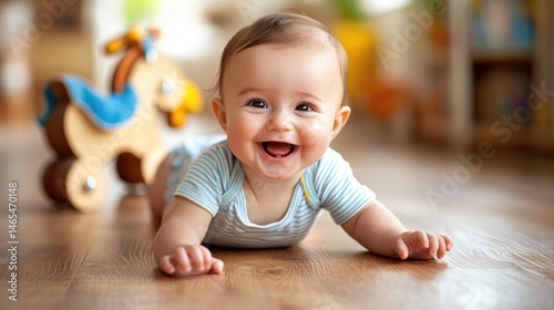 A happy baby on the floor, making their way towards a wooden rocking horse, their wide smile reflecting the fun and playfulness of the moment.
