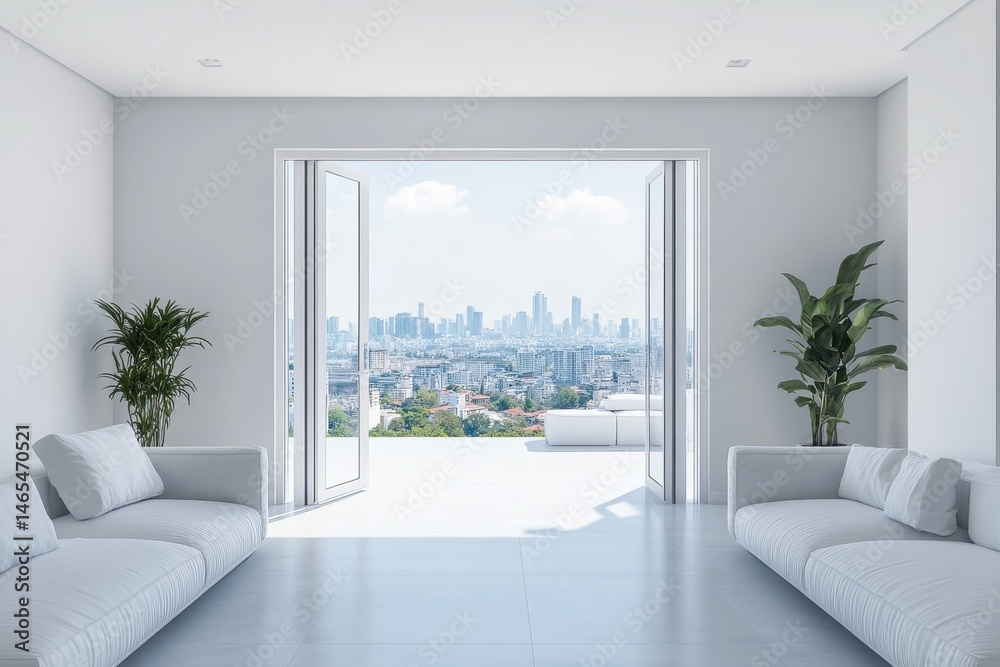 Fototapeta premium Sophisticated Urban Living: Bright White Lounge with Spacious City Vistas and Elegant Sunlight