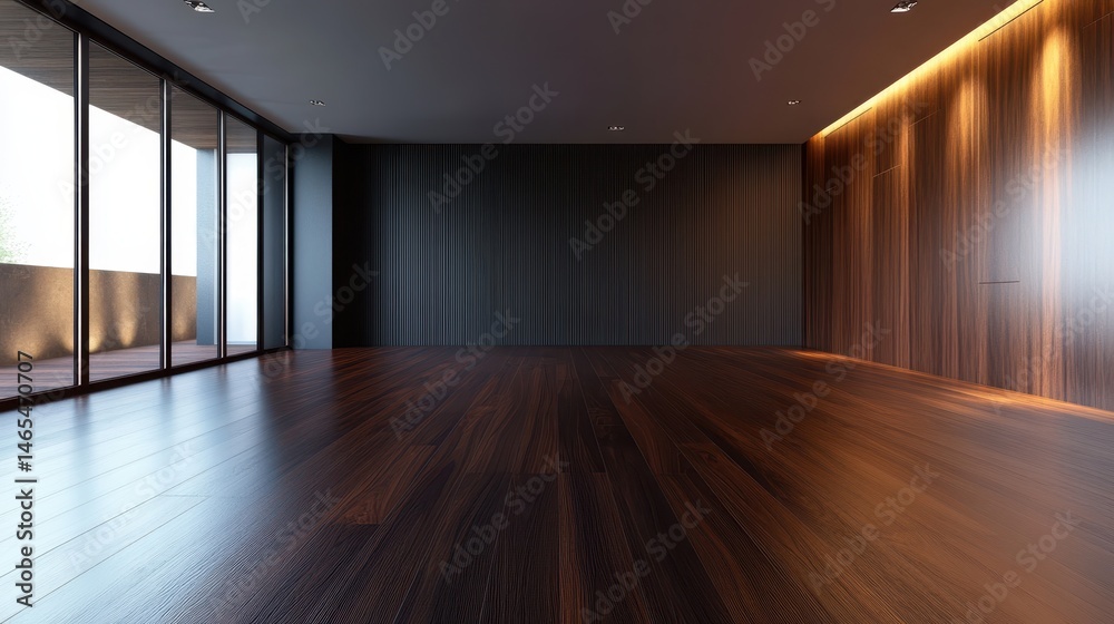 Fototapeta premium Spacious Blank Room Featuring a Dark Brown Hardwood Floor and Minimalistic Walls