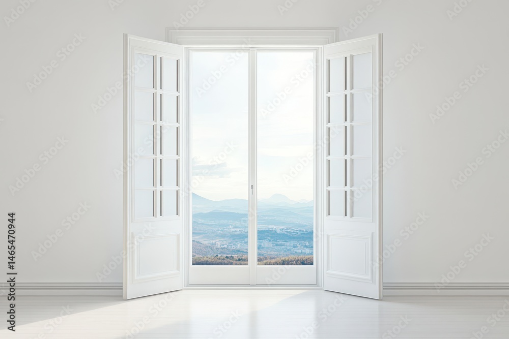 Fototapeta premium Spacious White Interior: Sunlit Room Featuring Expansive Glass Door and Minimalist Design