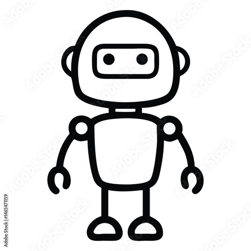 Outline robot with round head, square eyes, small arms and rounded feet stands