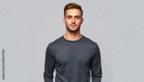Portrait of a handsome and stylish young man wearing long-sleeve t-shirt looking directly at the camera with neutral expression on solid background